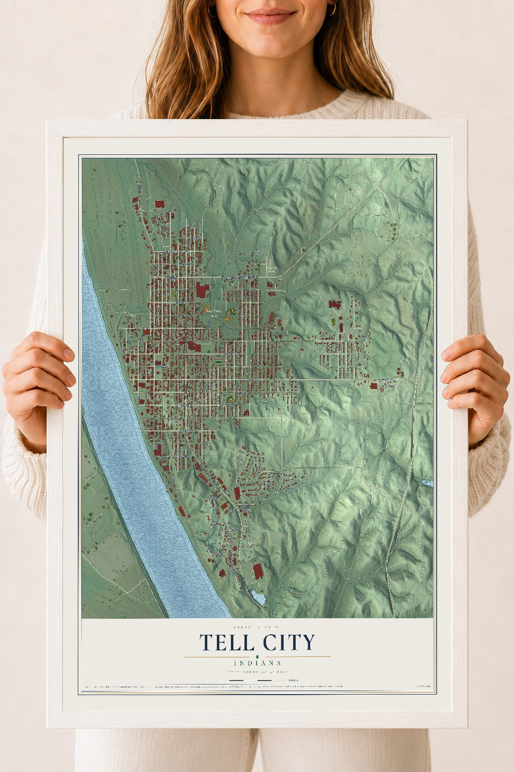 Map of Tell City, Indiana, 18 x 24 inch print in a white wood frame