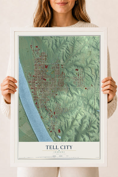 Map of Tell City, Indiana, 18 x 24 inch print in a white wood frame