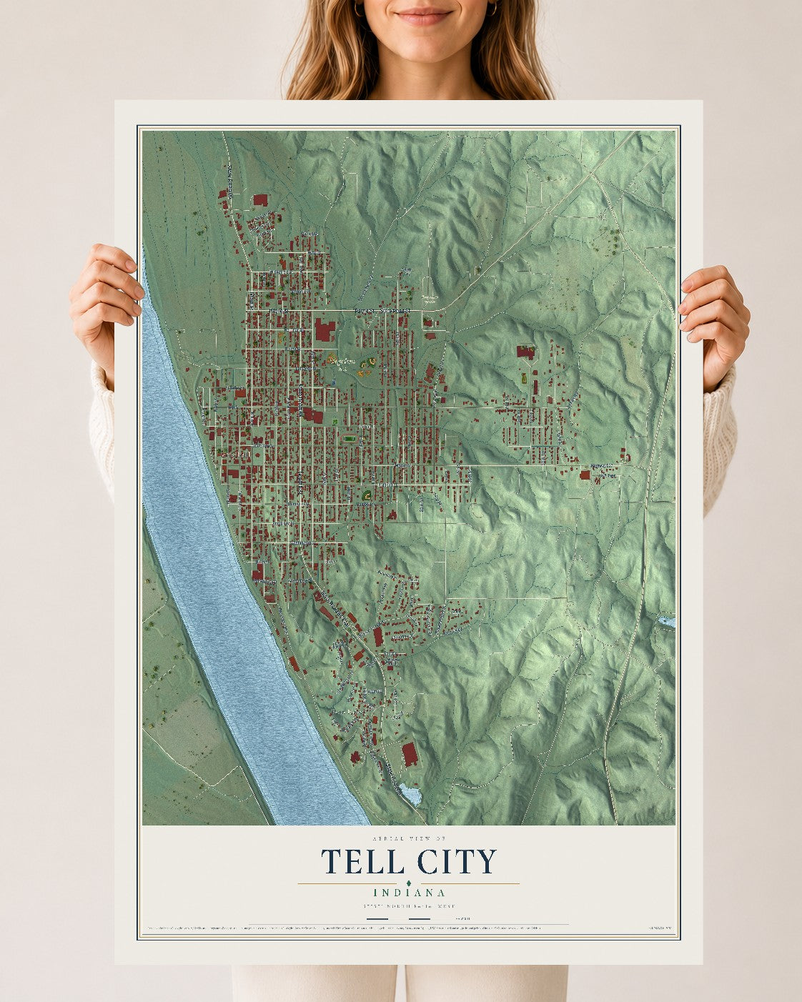 Map of Tell City, Indiana, 24 x 36 inch unframed archival matte print