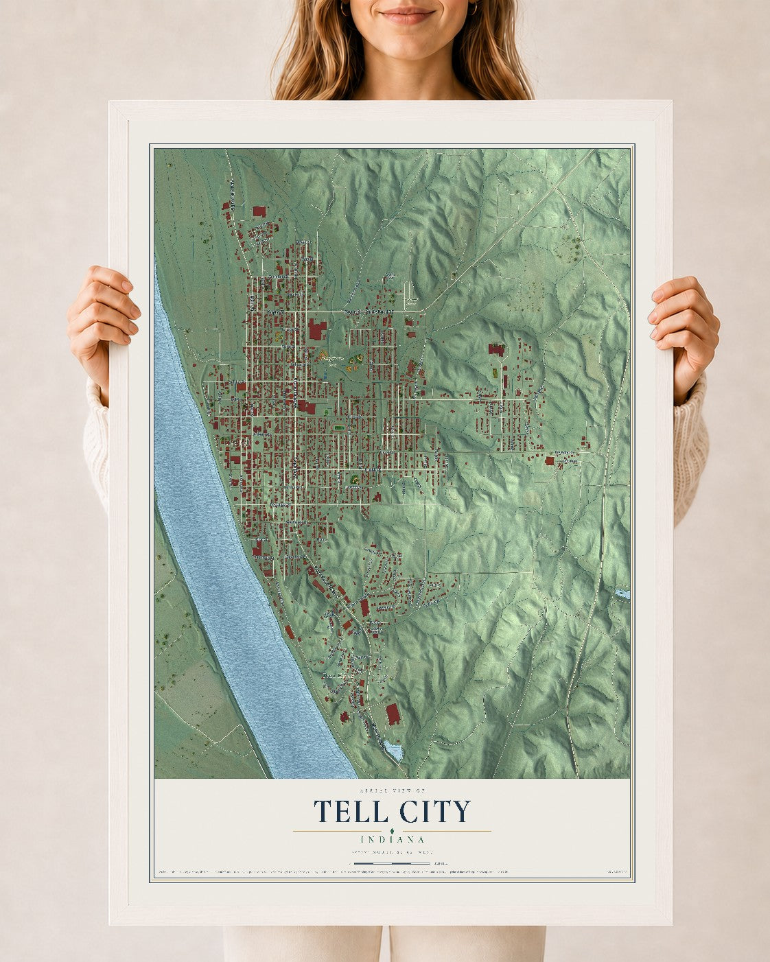 Map of Tell City, Indiana, 24 x 36 inch print in a white wood frame