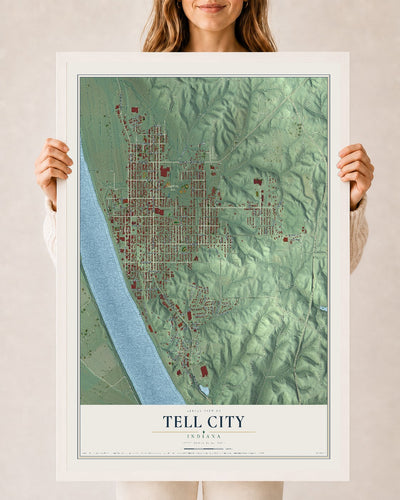 Map of Tell City, Indiana, 24 x 36 inch print in a white wood frame