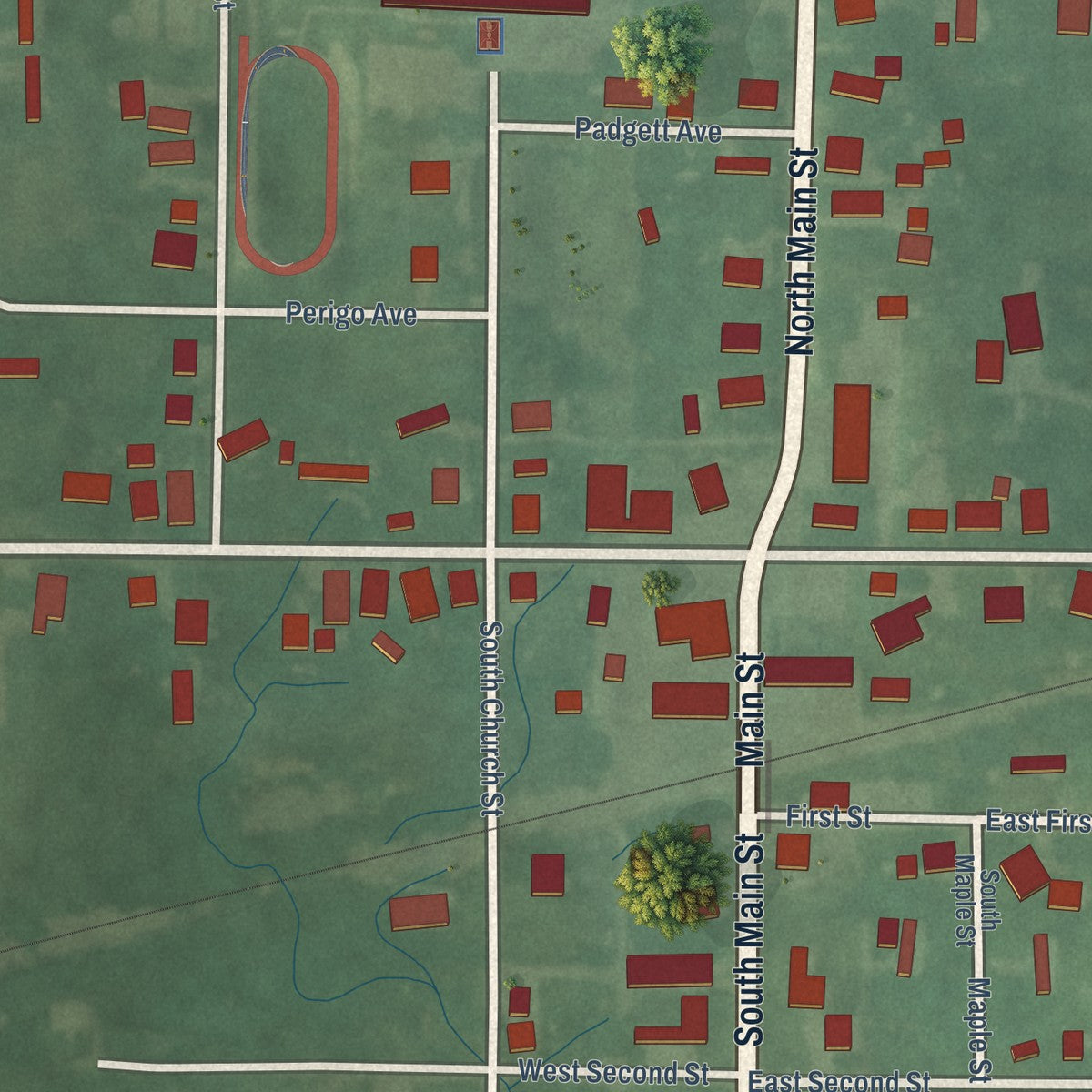 Close-up of the map of Tennyson, Indiana print showing street and building detail