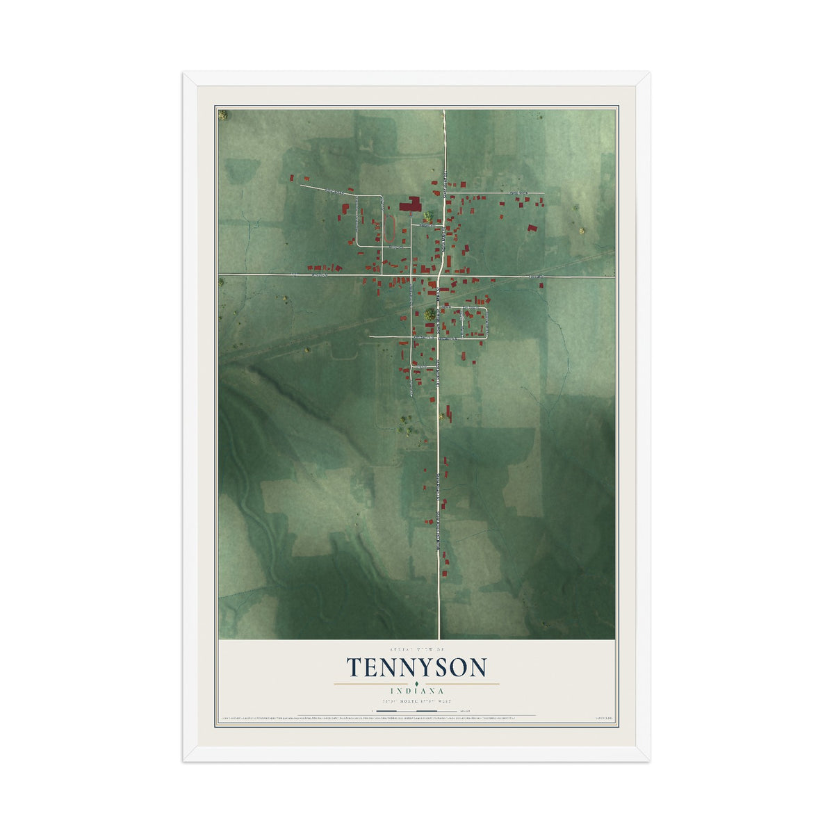 Map of Tennyson, Indiana, 12 x 18 inch print in a white wood frame