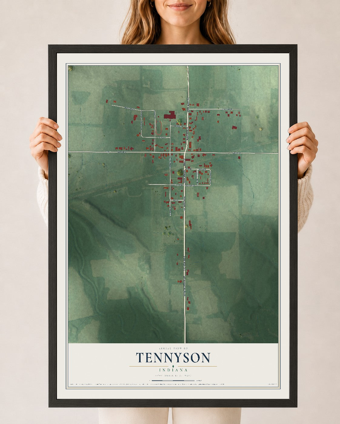 Map of Tennyson, Indiana, 24 x 36 inch print in a black wood frame
