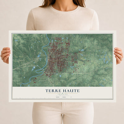 Map of Terre Haute, Indiana, 12 x 18 inch unframed archival matte print