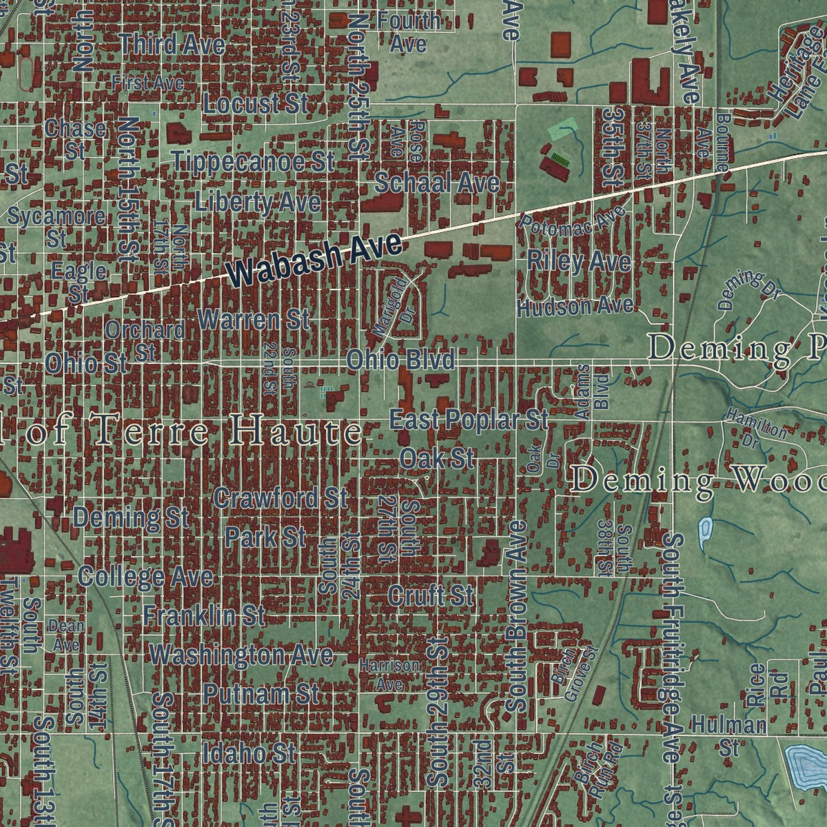Close-up of the map of Terre Haute, Indiana print showing street and building detail