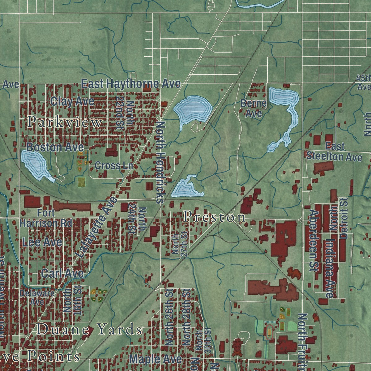 Second close-up of the map of Terre Haute, Indiana print showing more streets and buildings
