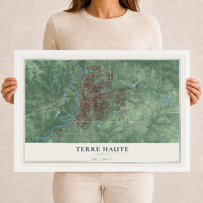 Map of Terre Haute, Indiana, 12 x 18 inch print in a white wood frame