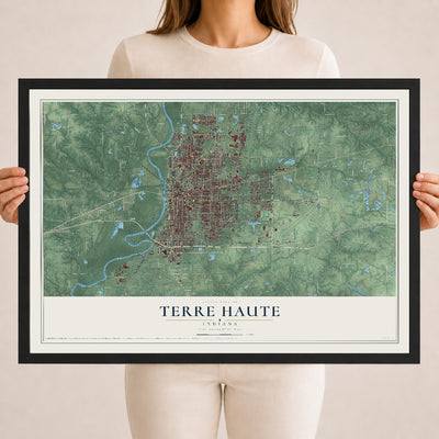 Map of Terre Haute, Indiana, 18 x 24 inch print in a black wood frame