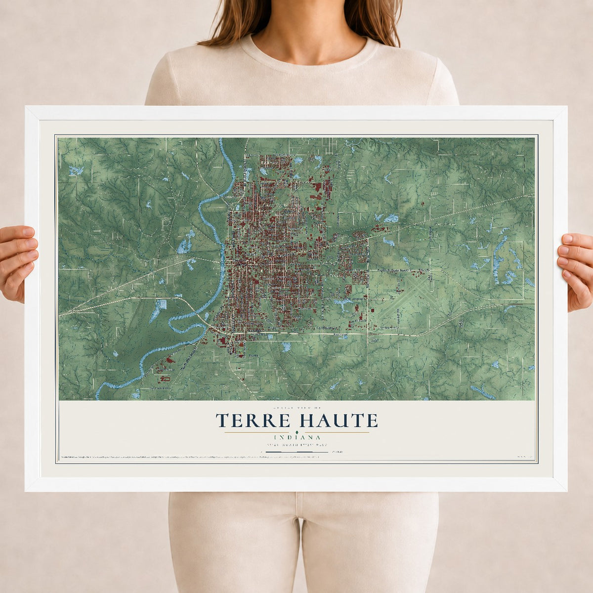 Map of Terre Haute, Indiana, 18 x 24 inch print in a white wood frame