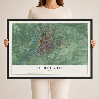Map of Terre Haute, Indiana, 24 x 36 inch print in a black wood frame