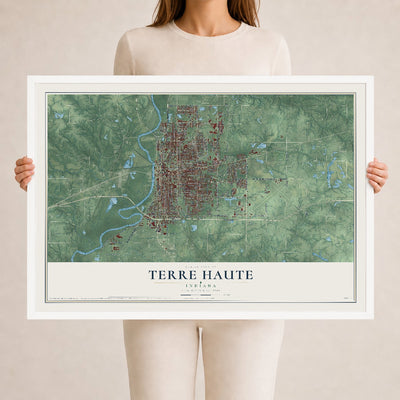 Map of Terre Haute, Indiana, 24 x 36 inch print in a white wood frame