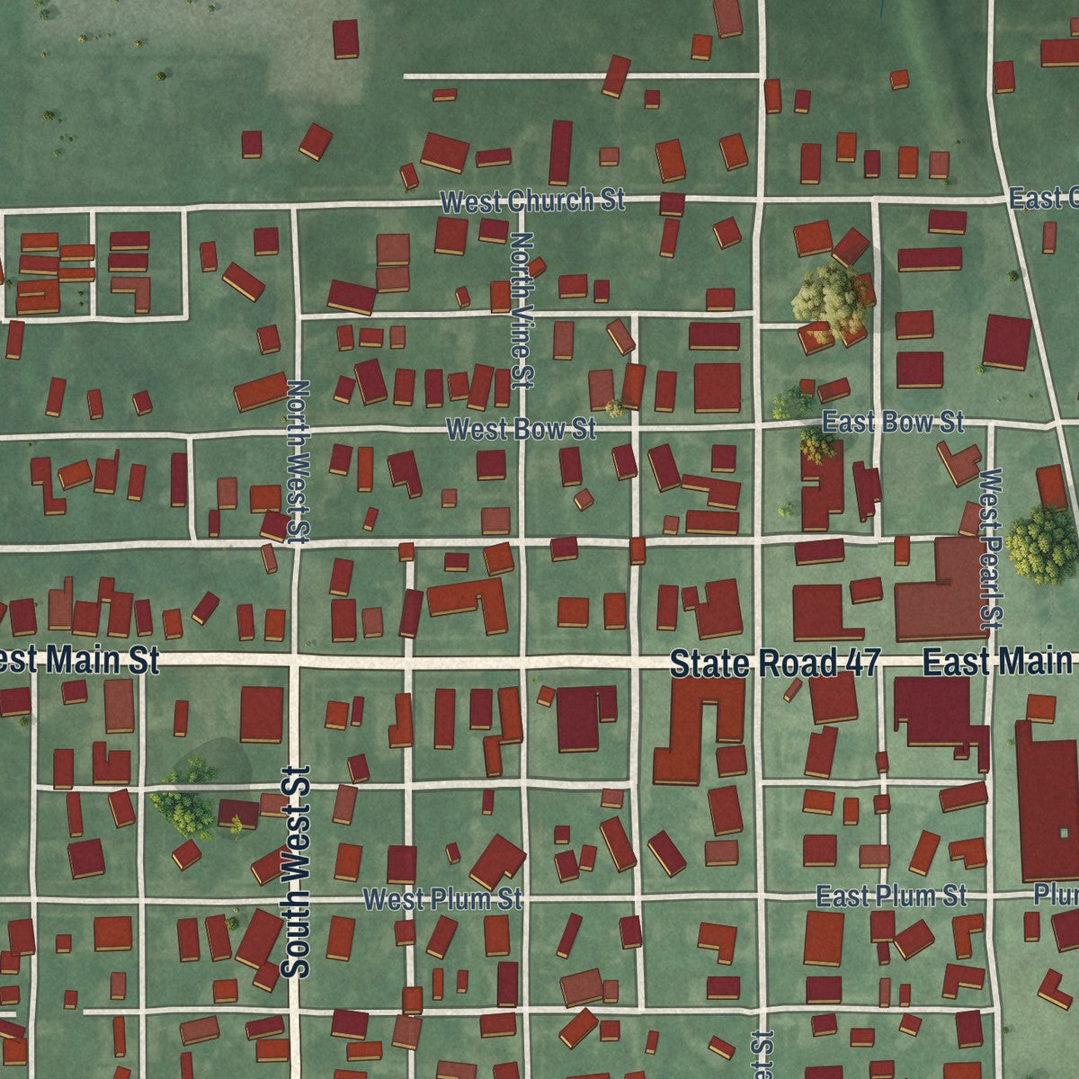 Close-up of the map of Thorntown, Indiana print showing street and building detail