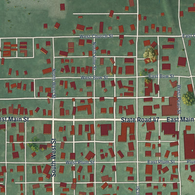 Close-up of the map of Thorntown, Indiana print showing street and building detail