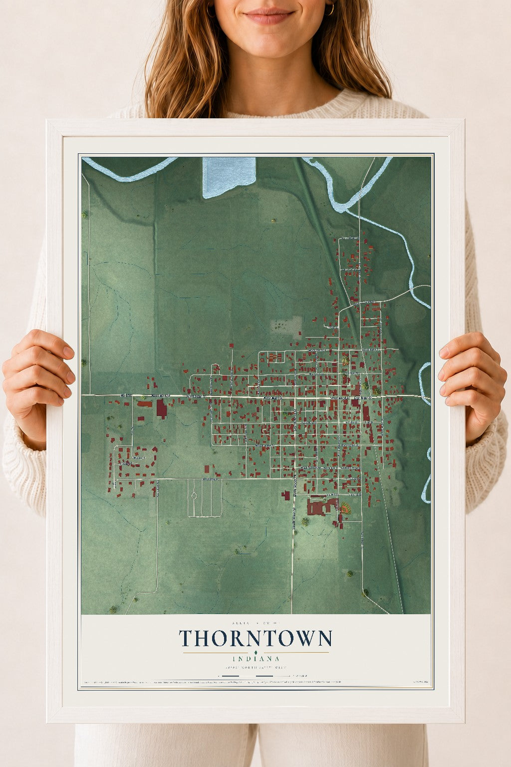 Map of Thorntown, Indiana, 18 x 24 inch print in a white wood frame