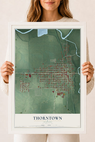 Map of Thorntown, Indiana, 18 x 24 inch print in a white wood frame