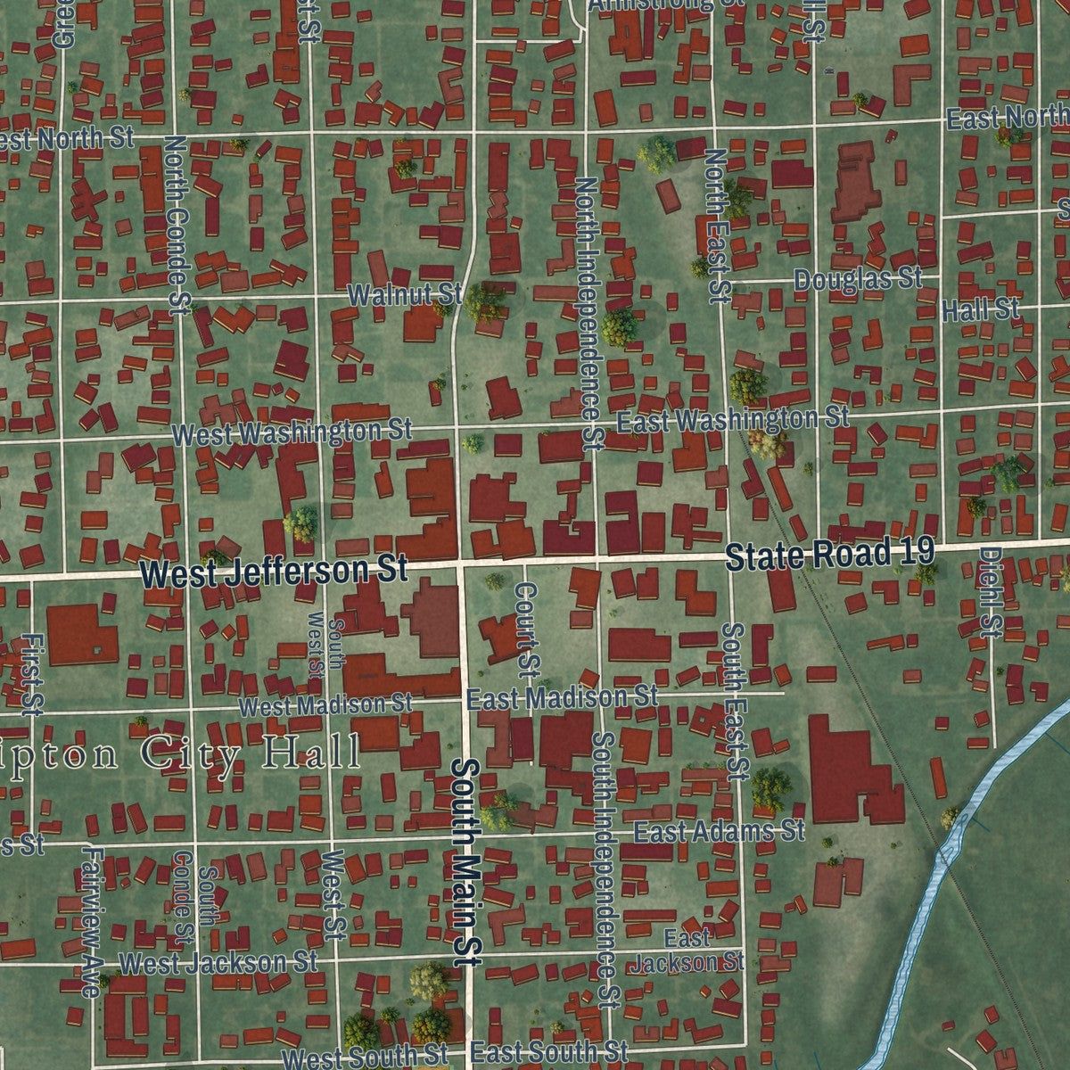 Close-up of the map of Tipton, Indiana print showing street and building detail