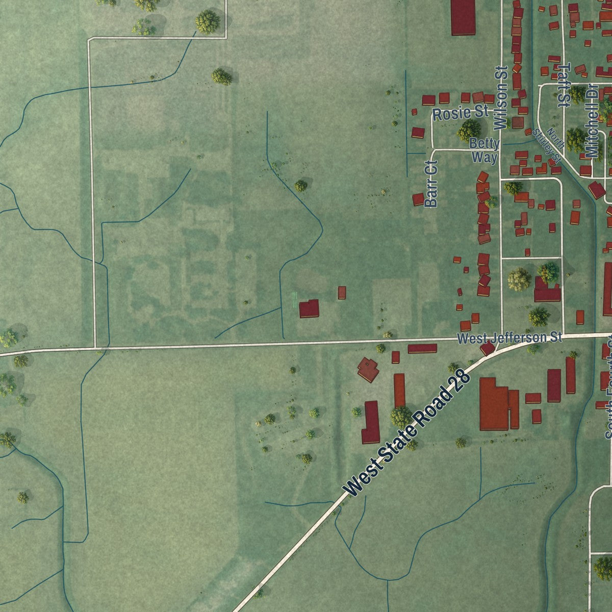 Second close-up of the map of Tipton, Indiana print showing more streets and buildings