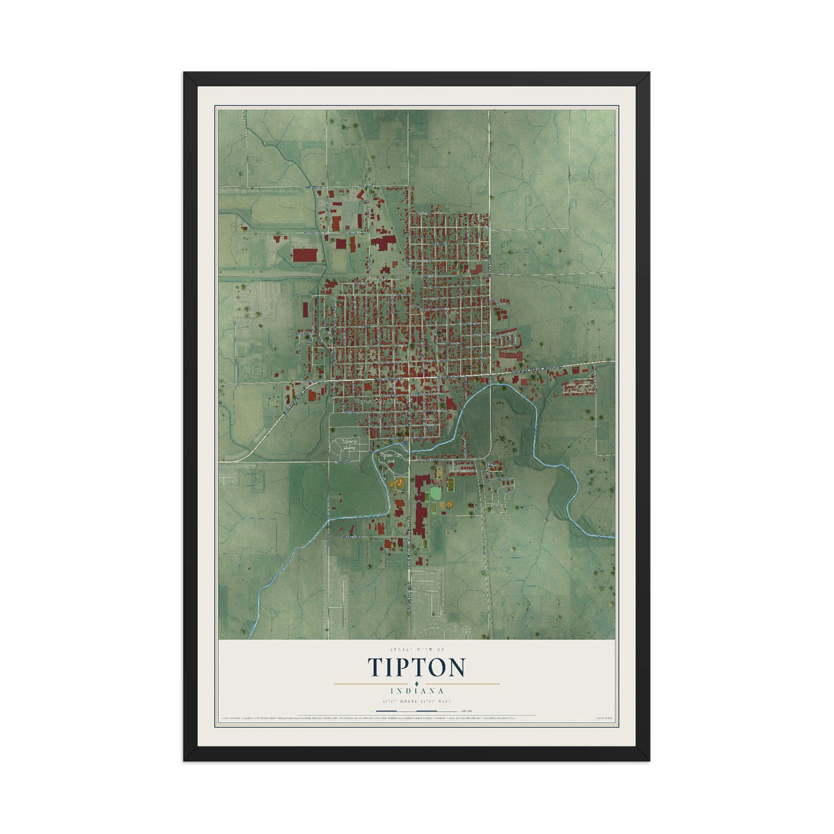 Map of Tipton, Indiana, 12 x 18 inch print in a black wood frame