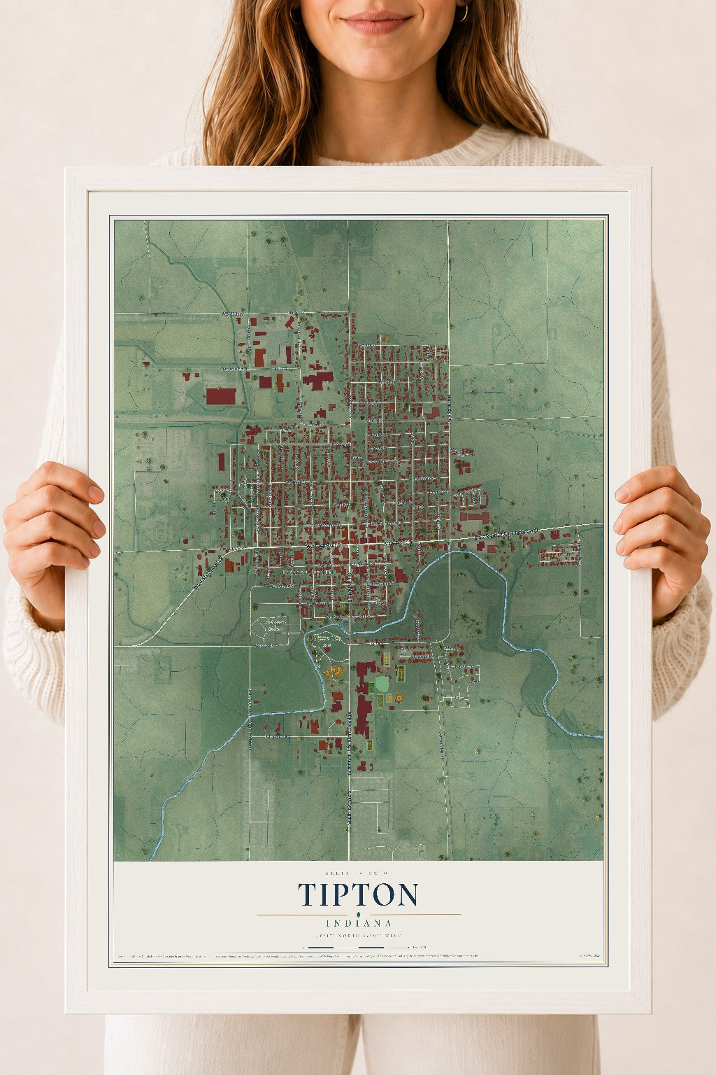 Map of Tipton, Indiana, 18 x 24 inch print in a white wood frame