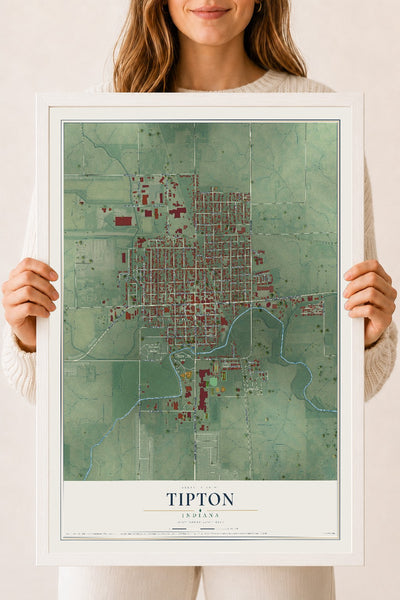 Map of Tipton, Indiana, 18 x 24 inch print in a white wood frame