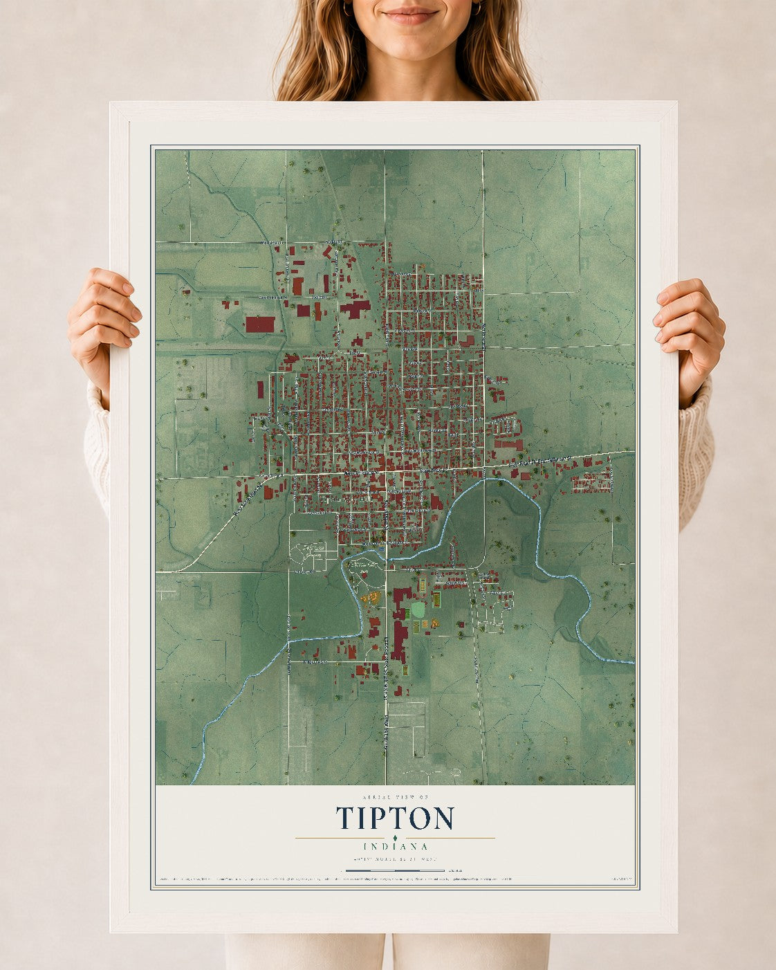 Map of Tipton, Indiana, 24 x 36 inch print in a white wood frame
