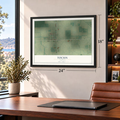 Tocsin, Indiana map, 18 x 24 inch print in a black frame in a home office