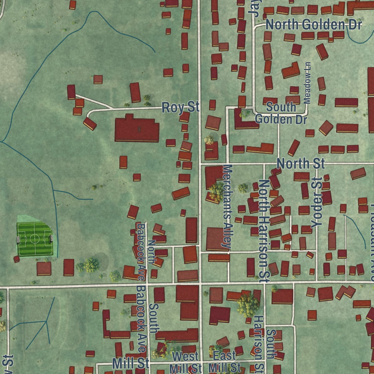 Close-up of the map of Topeka, Indiana print showing street and building detail