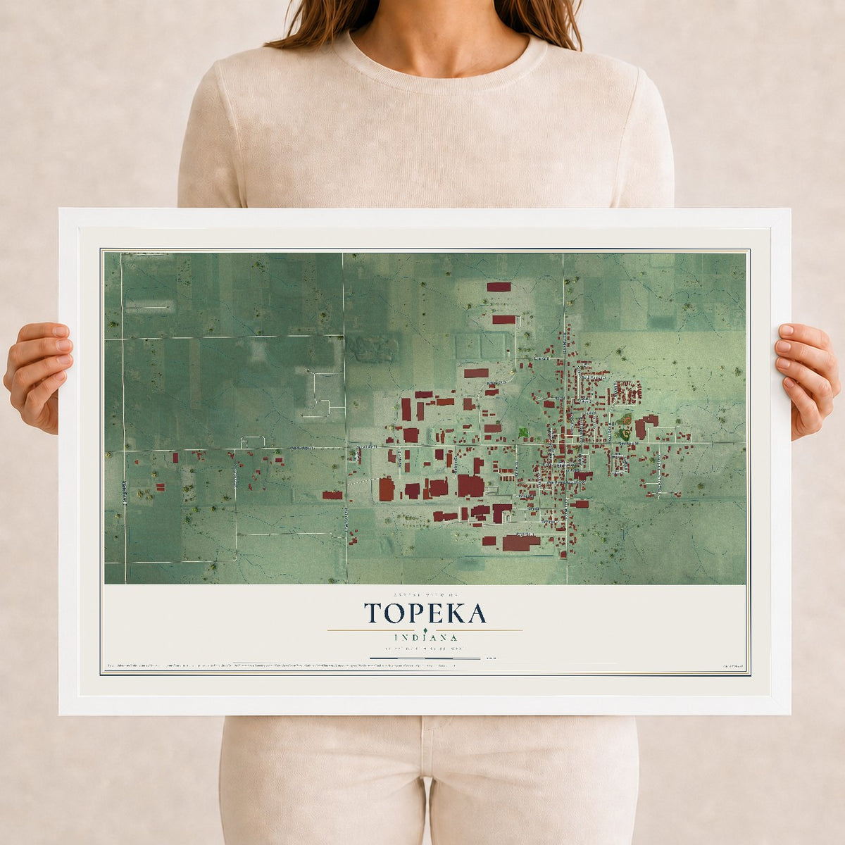 Map of Topeka, Indiana, 12 x 18 inch print in a white wood frame