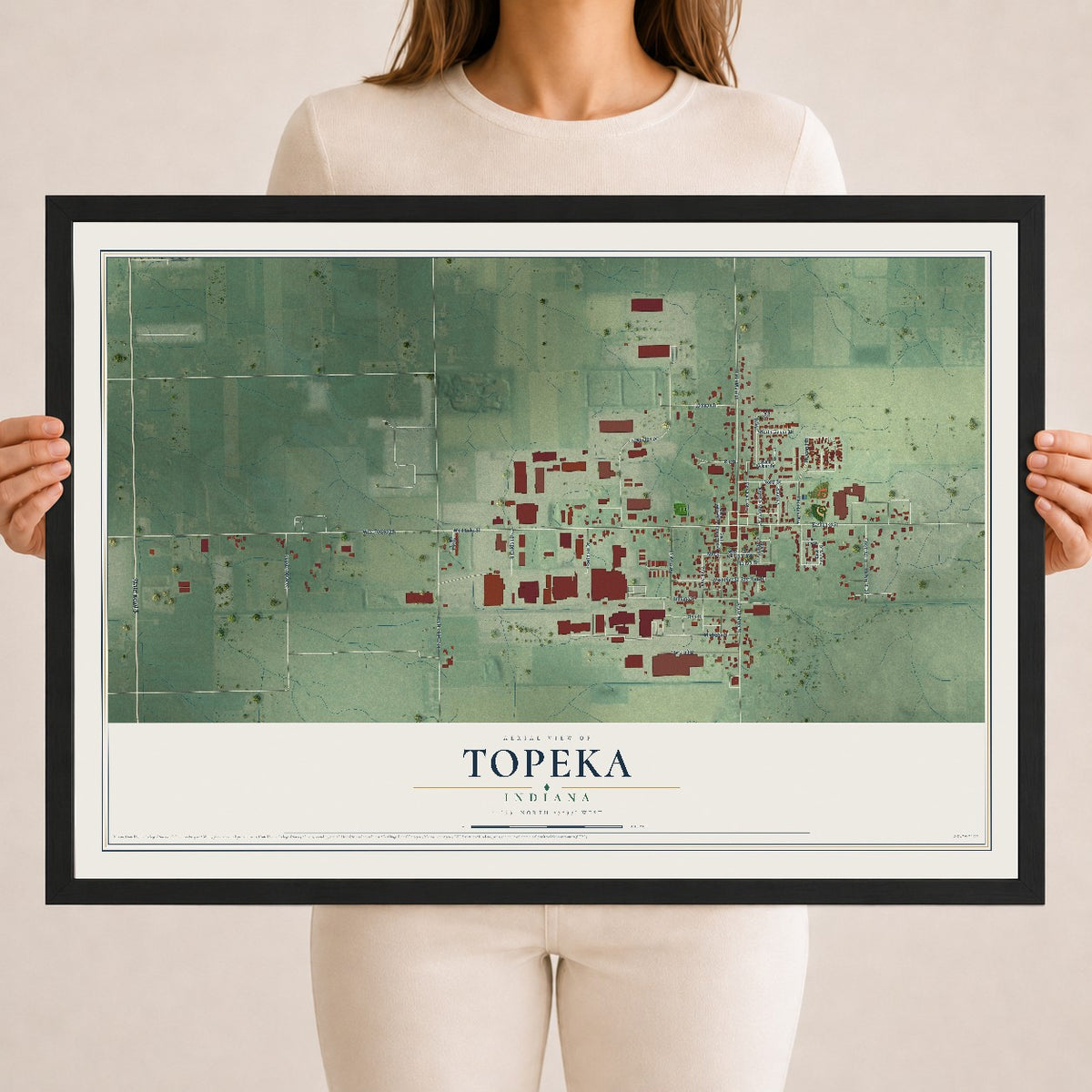 Map of Topeka, Indiana, 18 x 24 inch print in a black wood frame