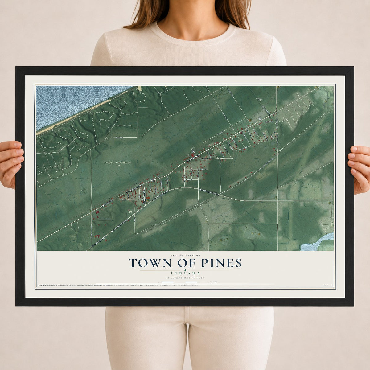 Map of the Town of Pines, Indiana, 18 x 24 inch print in a black wood frame