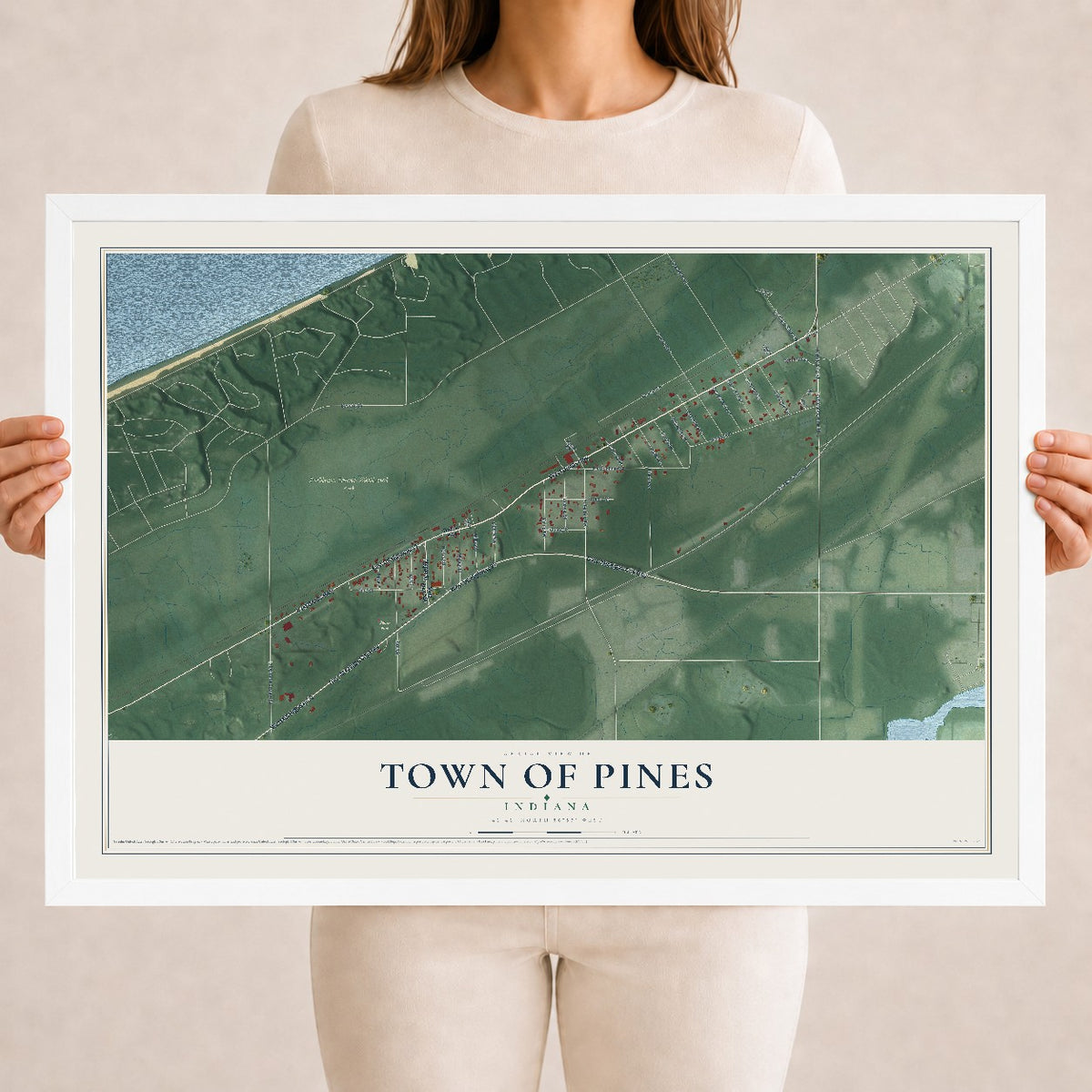 Map of the Town of Pines, Indiana, 18 x 24 inch print in a white wood frame