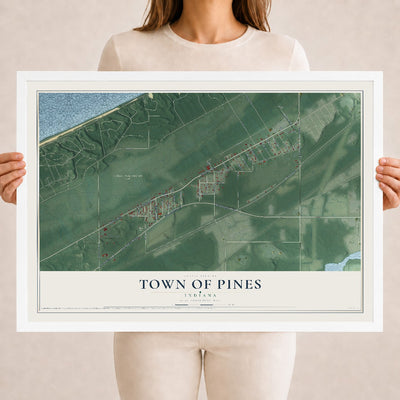 Map of the Town of Pines, Indiana, 18 x 24 inch print in a white wood frame