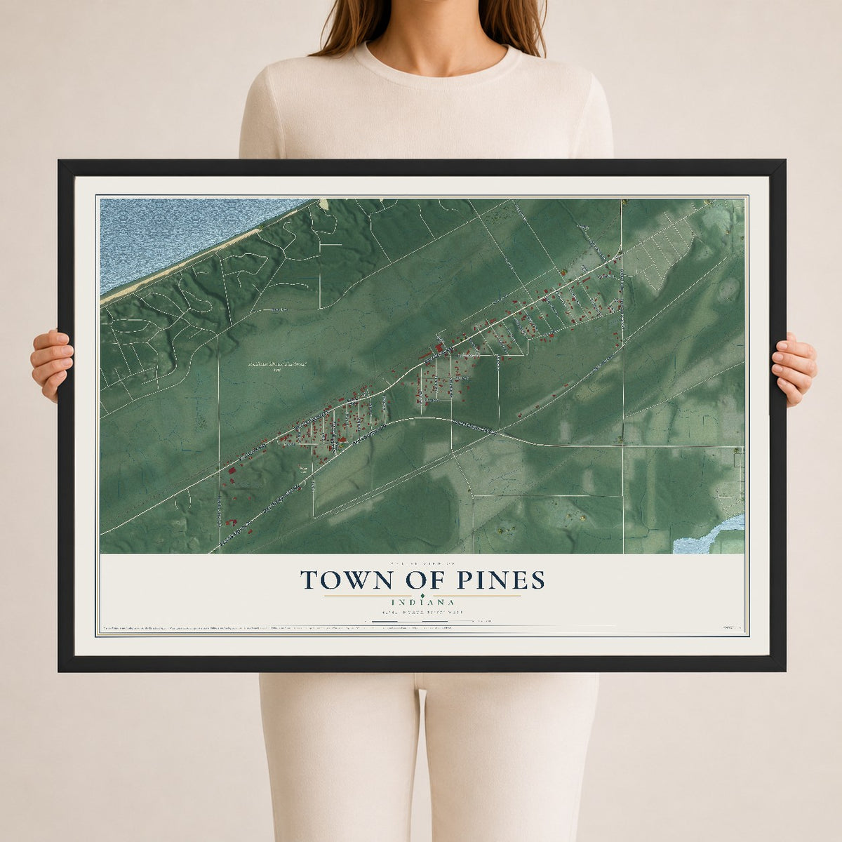 Map of the Town of Pines, Indiana, 24 x 36 inch print in a black wood frame