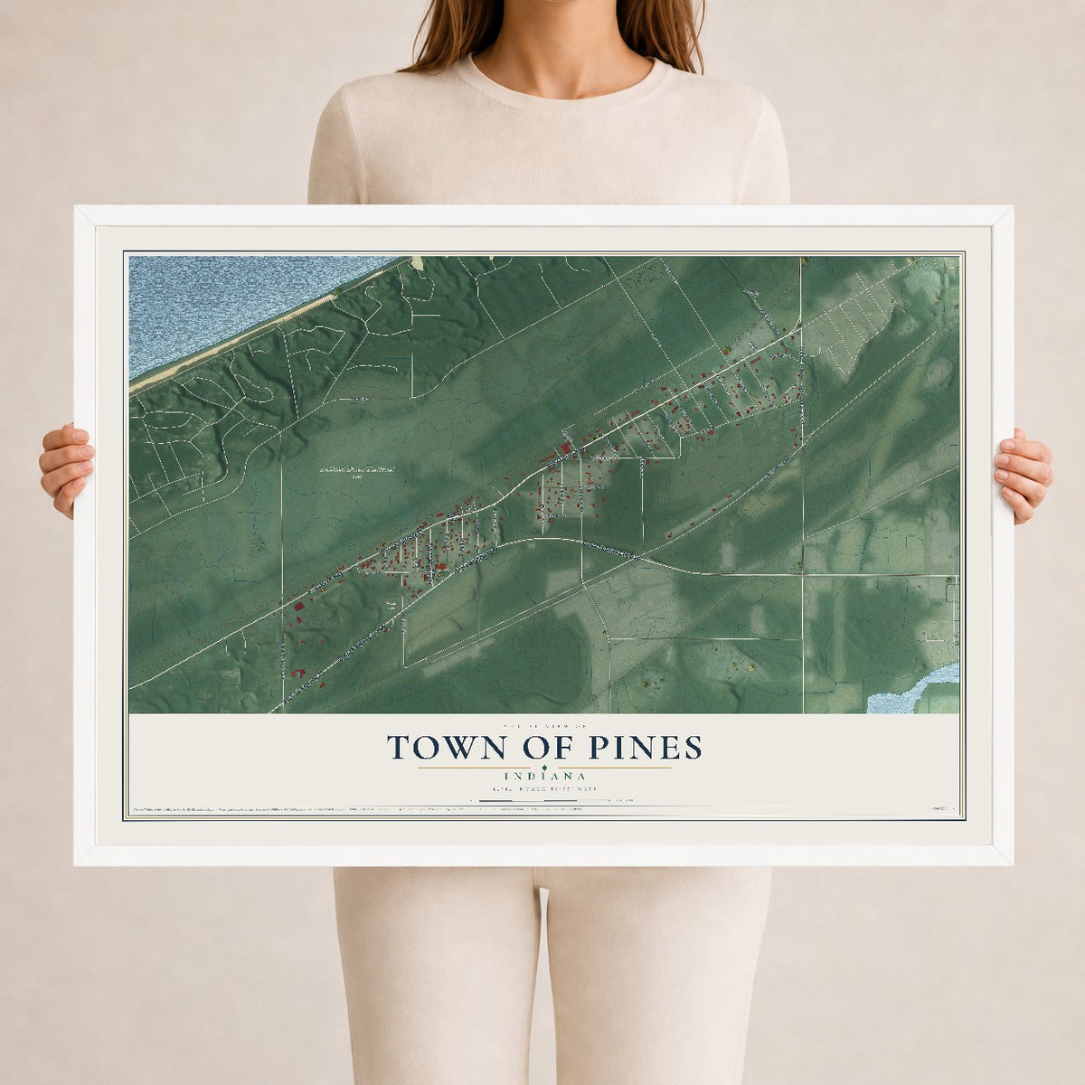 Map of the Town of Pines, Indiana, 24 x 36 inch print in a white wood frame