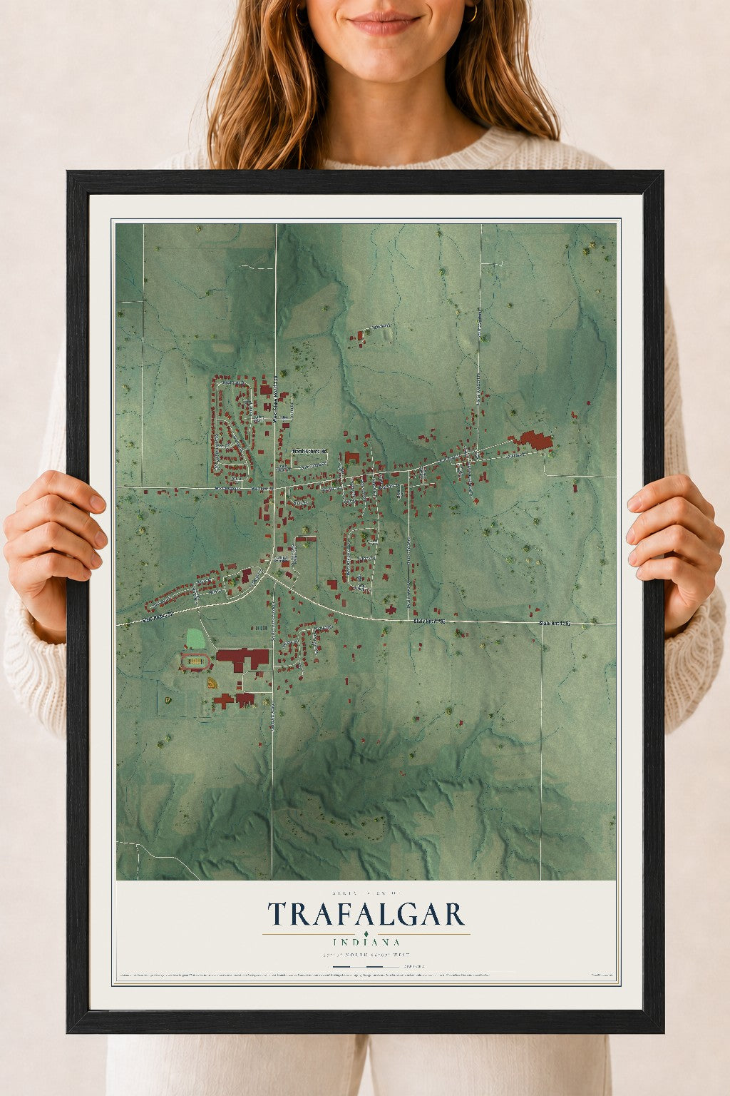 Map of Trafalgar, Indiana, 18 x 24 inch print in a black wood frame