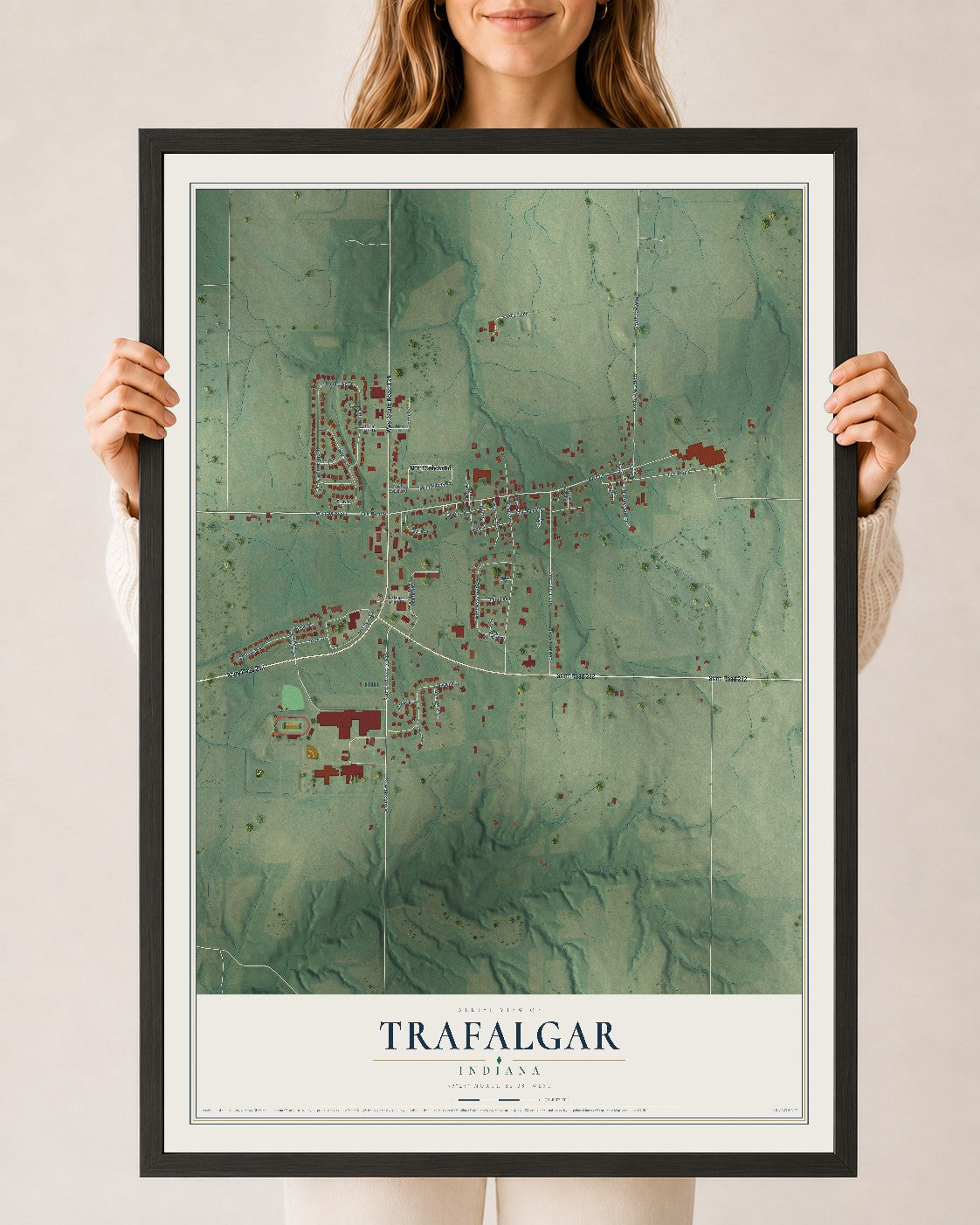 Map of Trafalgar, Indiana, 24 x 36 inch print in a black wood frame