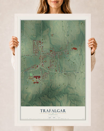 Map of Trafalgar, Indiana, 24 x 36 inch print in a white wood frame