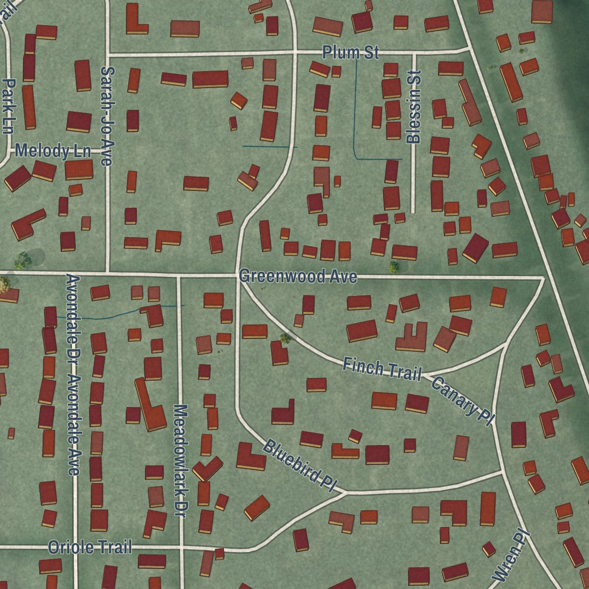 Close-up of the map of Trail Creek, Indiana print showing street and building detail
