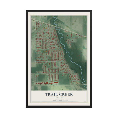 Map of Trail Creek, Indiana, 12 x 18 inch print in a black wood frame