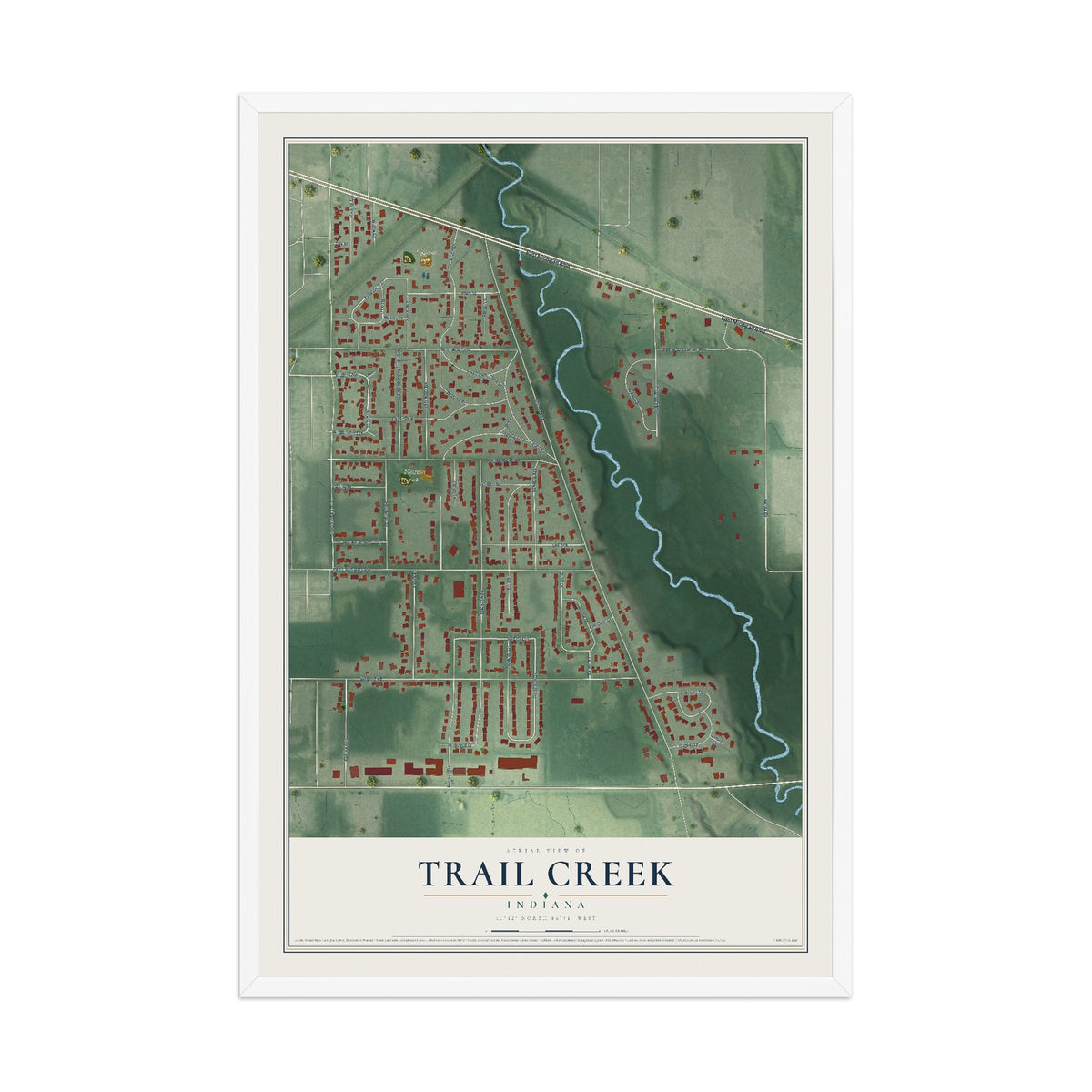 Map of Trail Creek, Indiana, 12 x 18 inch print in a white wood frame