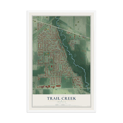 Map of Trail Creek, Indiana, 12 x 18 inch print in a white wood frame