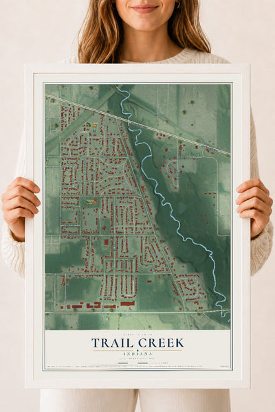 Map of Trail Creek, Indiana, 18 x 24 inch print in a white wood frame