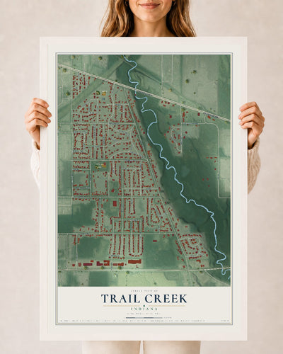 Map of Trail Creek, Indiana, 24 x 36 inch print in a white wood frame