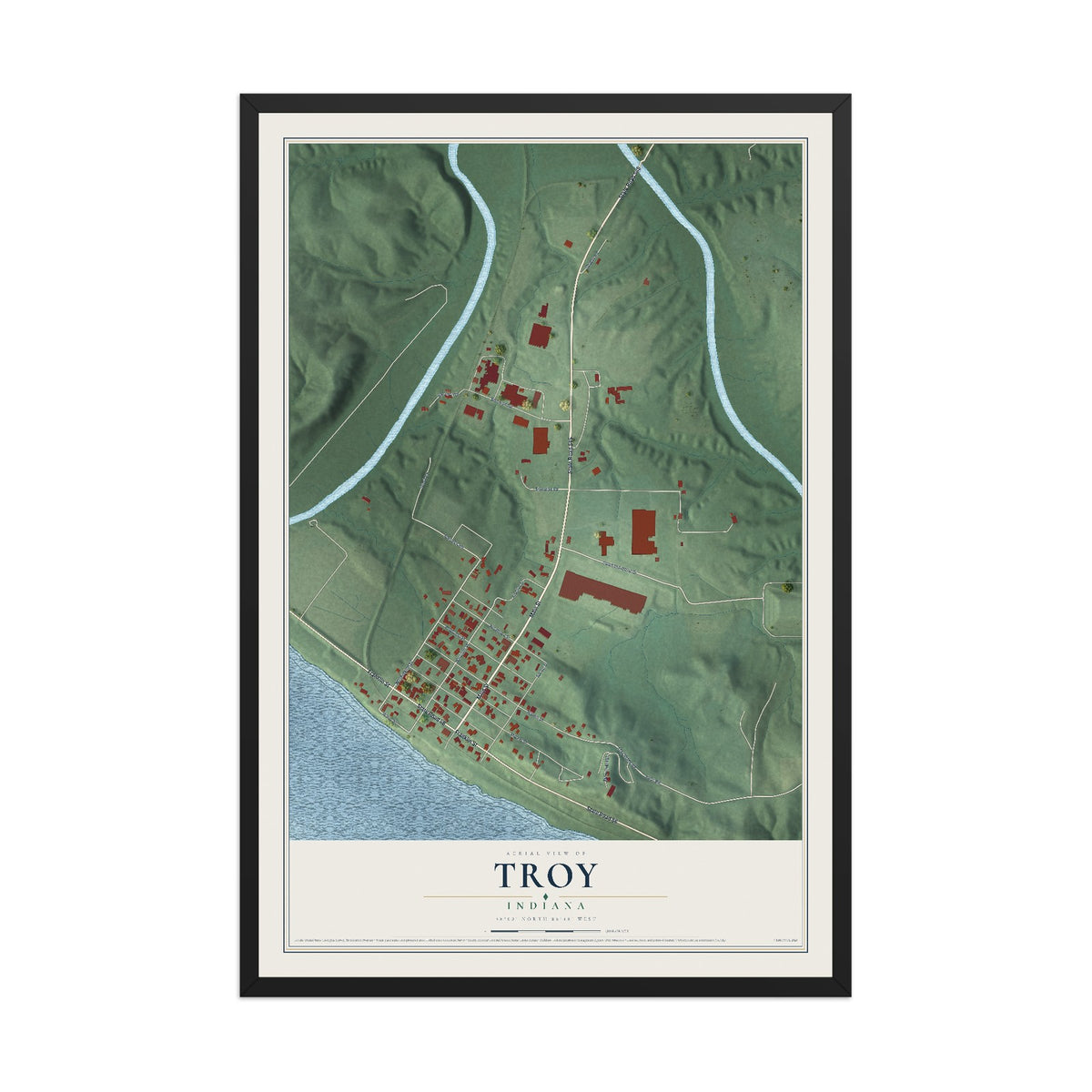 Map of Troy, Indiana, 12 x 18 inch print in a black wood frame