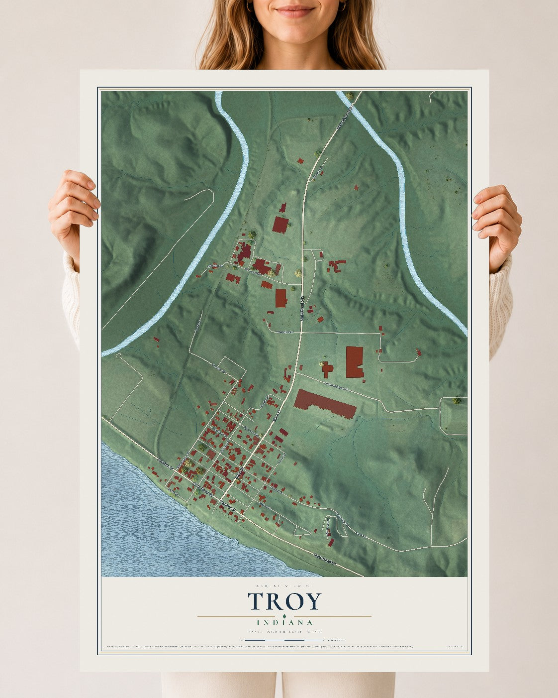 Map of Troy, Indiana, 24 x 36 inch unframed archival matte print