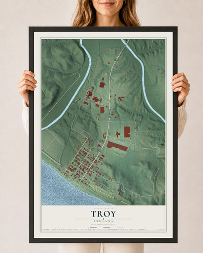 Map of Troy, Indiana, 24 x 36 inch print in a black wood frame