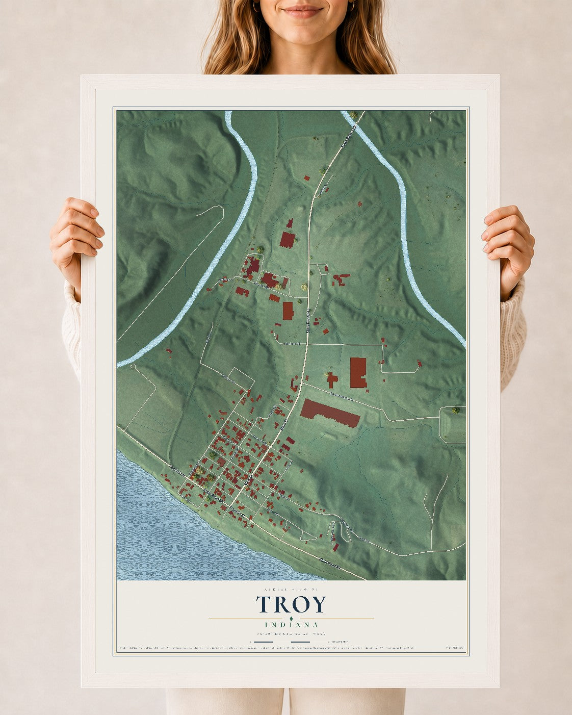 Map of Troy, Indiana, 24 x 36 inch print in a white wood frame