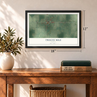 Twelve Mile, Indiana map, 12 x 18 inch print in a black frame in an entryway