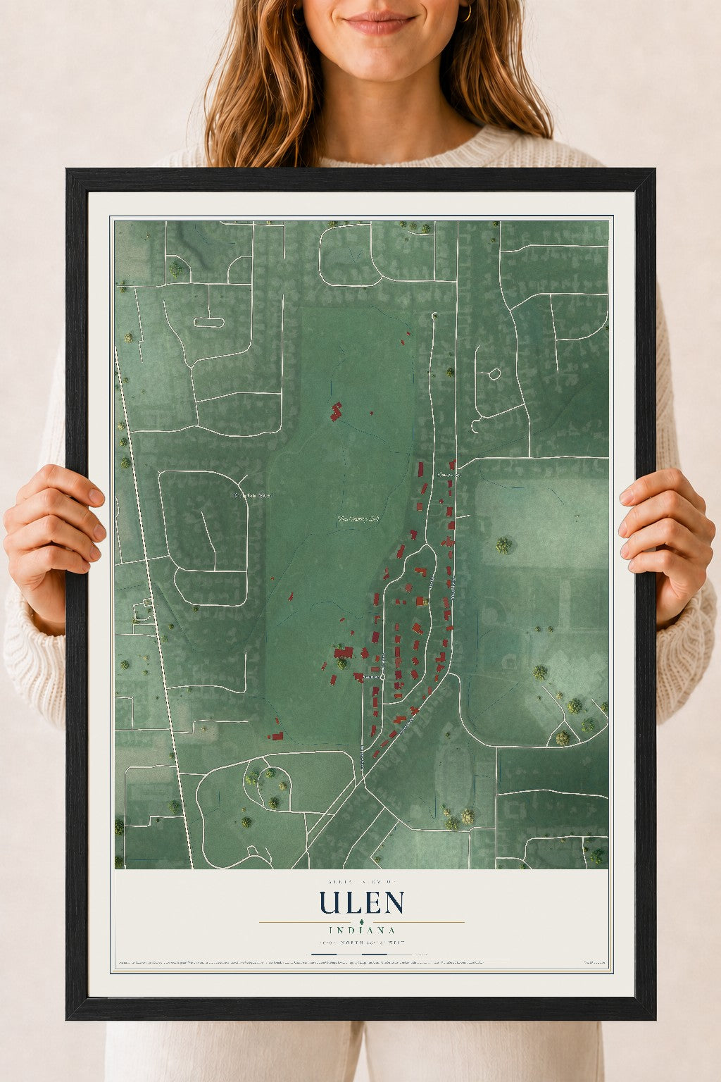 Map of Ulen, Indiana, 18 x 24 inch print in a black wood frame